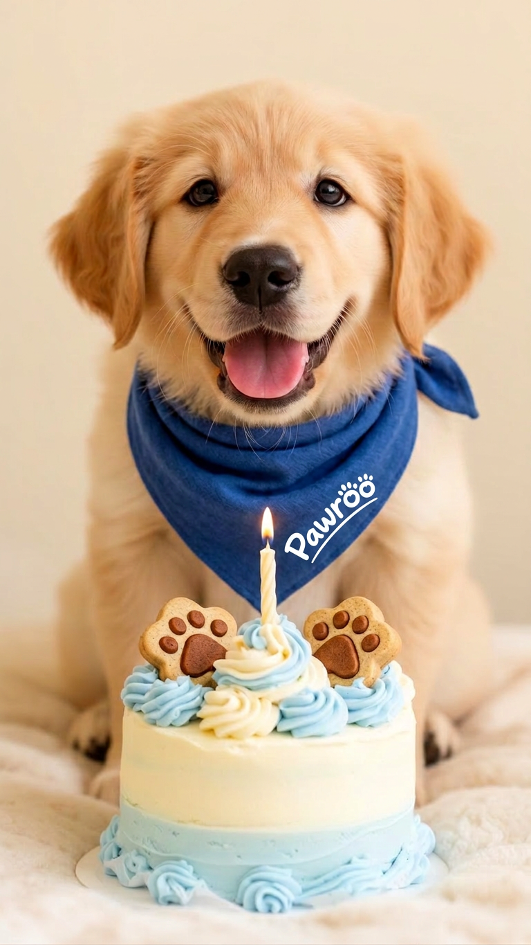 Happy dog ready to enjoy a Pawroo birthday cake